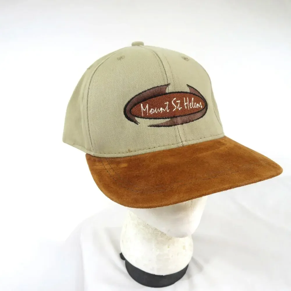 Mount St Helens Dad Hat Suede Leather Bill Beige Brown Slide Lock Cap 1990s